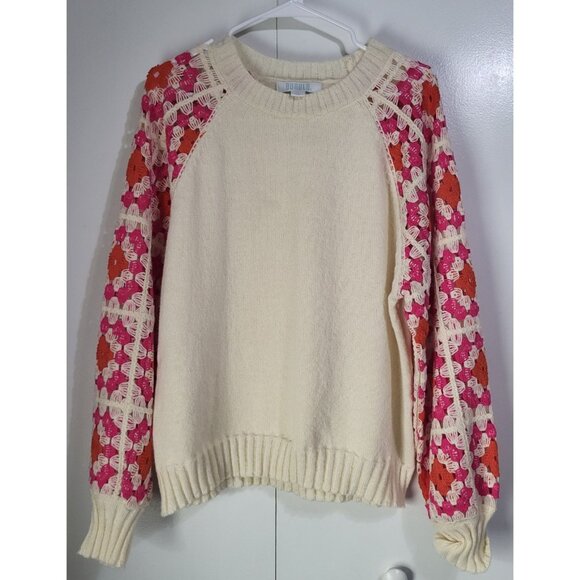 BUNULU Women's XL Rose Crochet Puff Sleeve Knit Sweater Boho Hippie Cottagecore - Picture 2 of 9